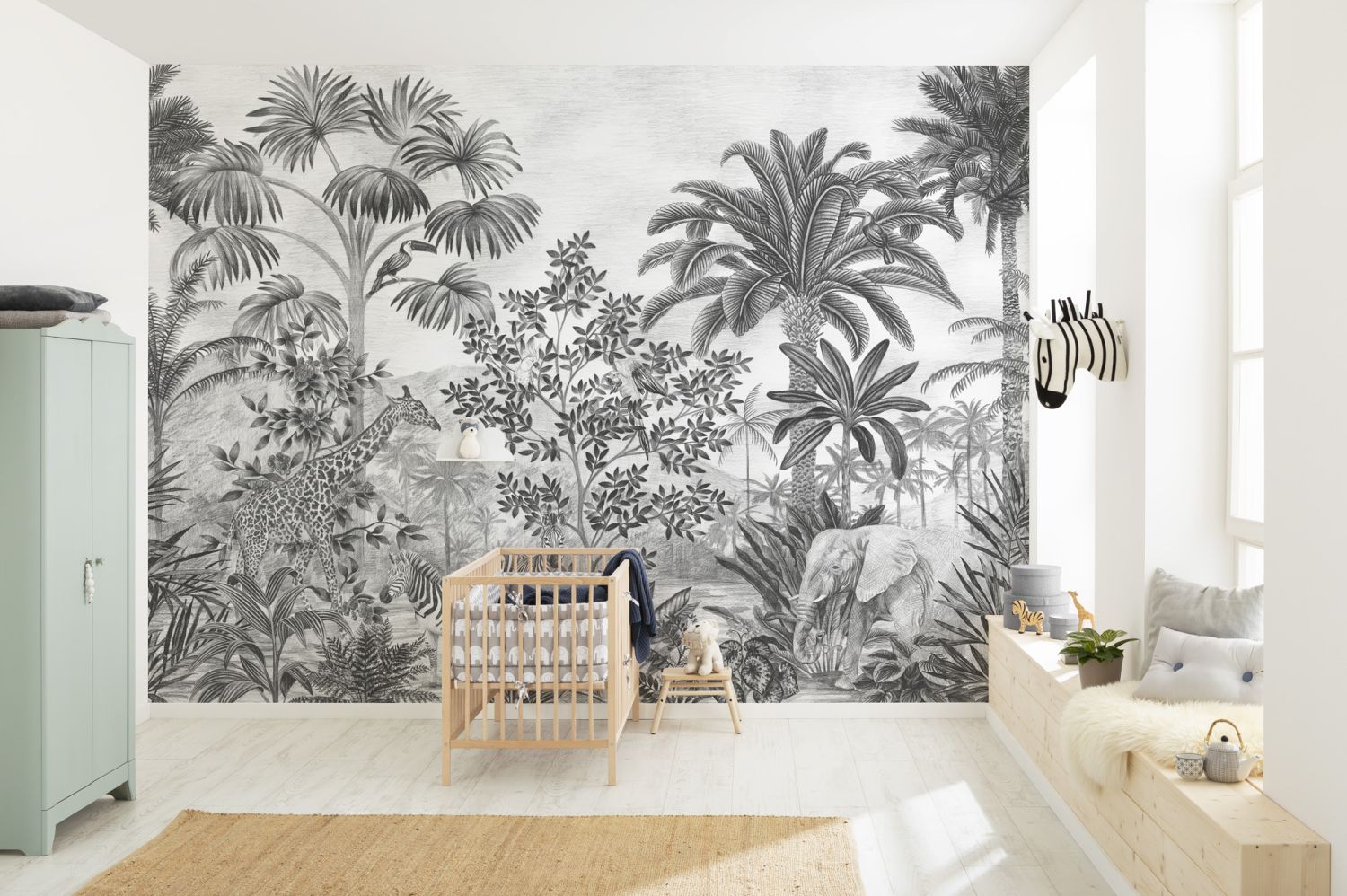 Komar fotobehang jungle met dieren zwart wit - 350 x 280 cm - 610858