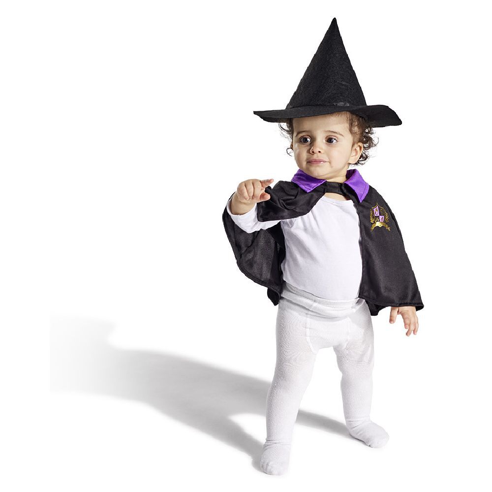 Déguisement bébé Halloween petit sorcier cape et chapeau noir violet
