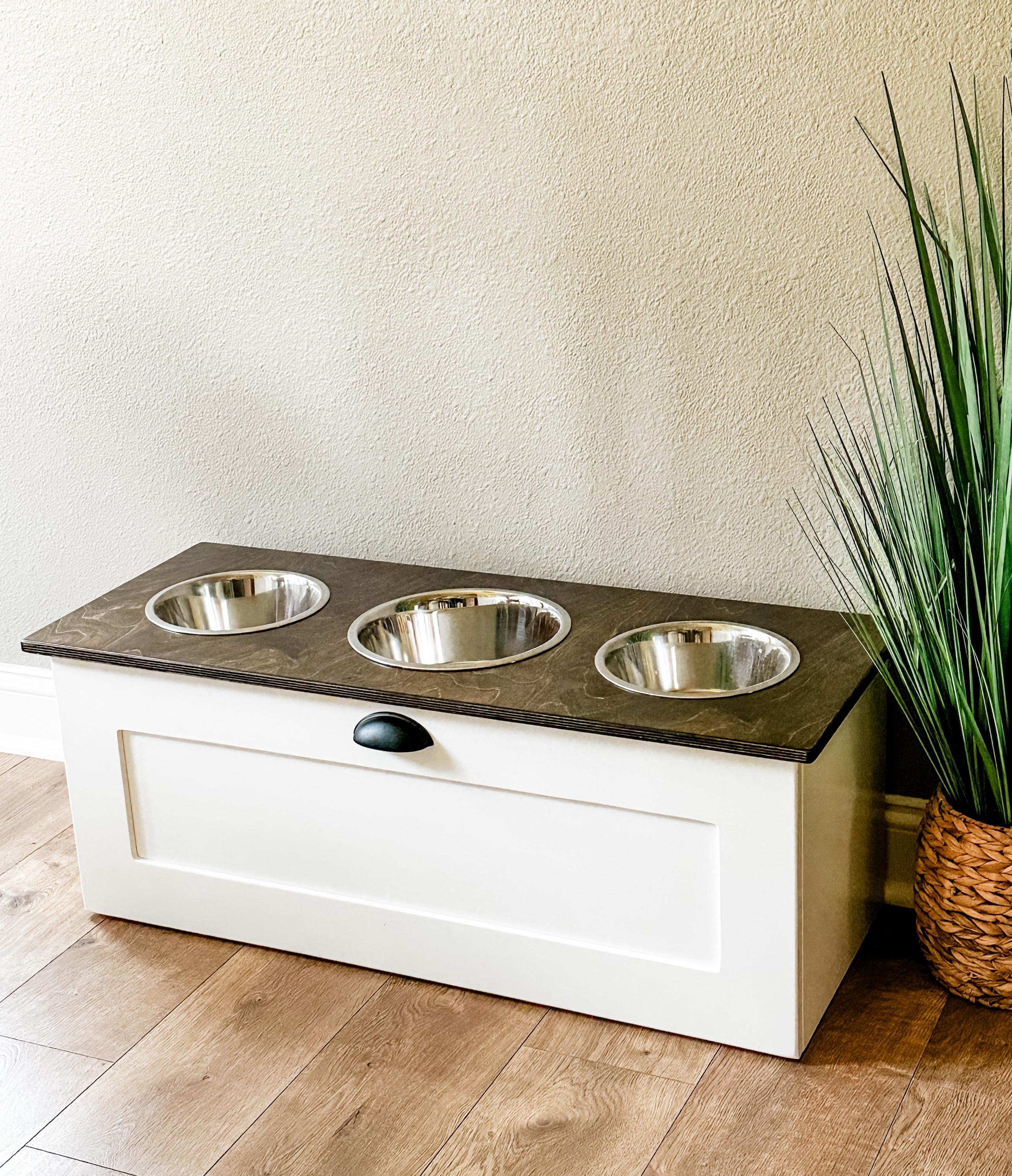 Elevated Pet Feeder | Dog Feeder | Raised Feeder | White + Storage Drawer | Stained Top -14 inch | 3 bowl