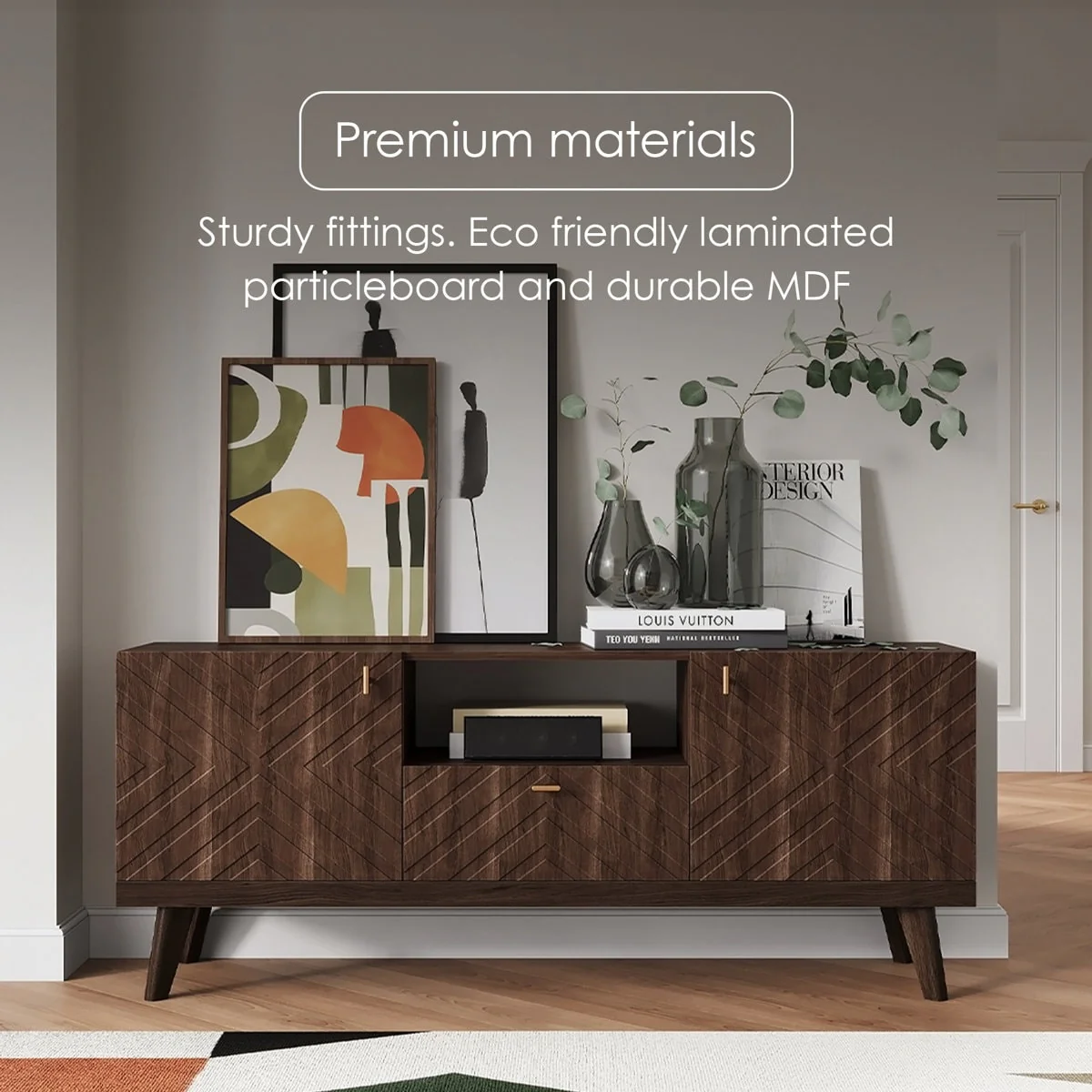 Living Skog Alba Beige TV Stand Console with Drawer Fits TV's up to 65 in. with Wood Legs Mid Century Modern Design
