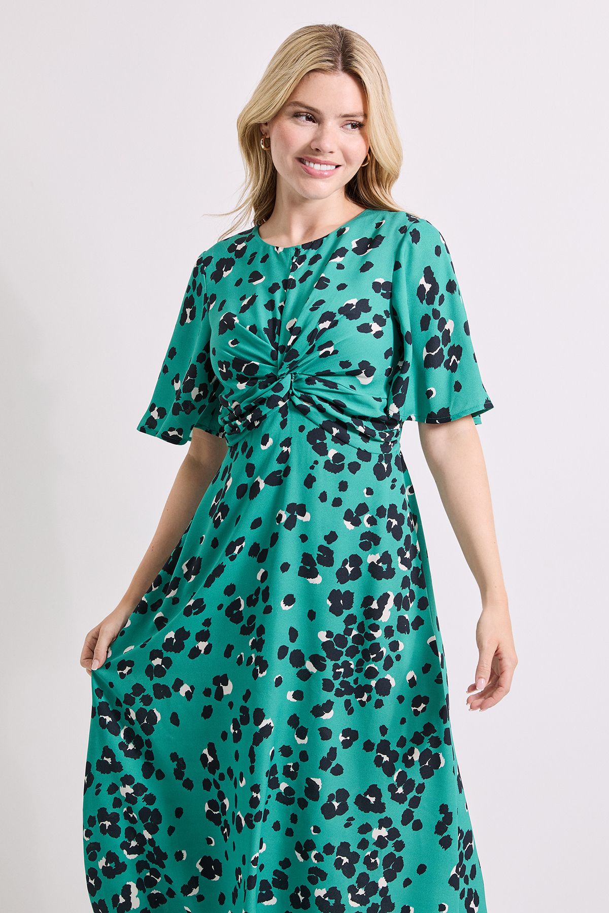 Dorothy Perkins Green Animal Twist Front Angel Sleeve Midi Dress