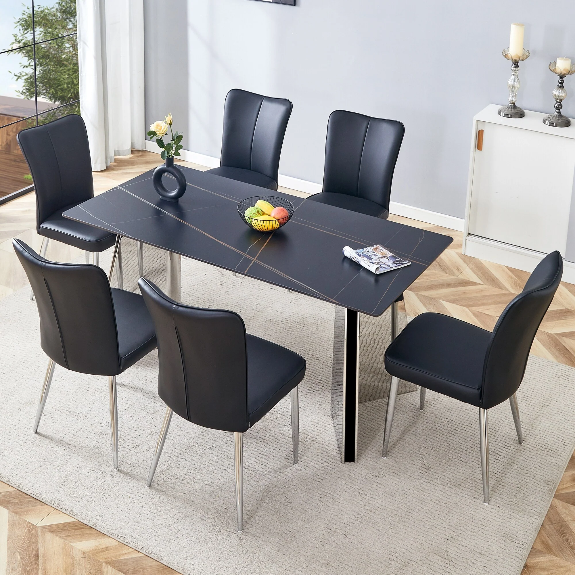 Modern Style Dining Set with Rectangular Stainless Steel Butterfly Legs Table and Vertical Stripe Dining Chairs