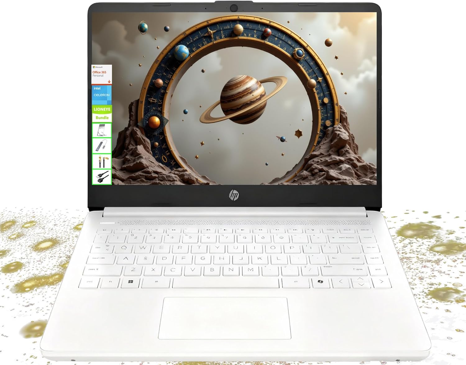 HP 14 HD Laptop - Intel Celeron  8GB RAM  64GB eMMC - Lightweight & 12H Battery  Sleek Design with Multiple Ports  Webcam/Mic for Business/Students/Tourists - Microsoft 365 Included  Snowflake White