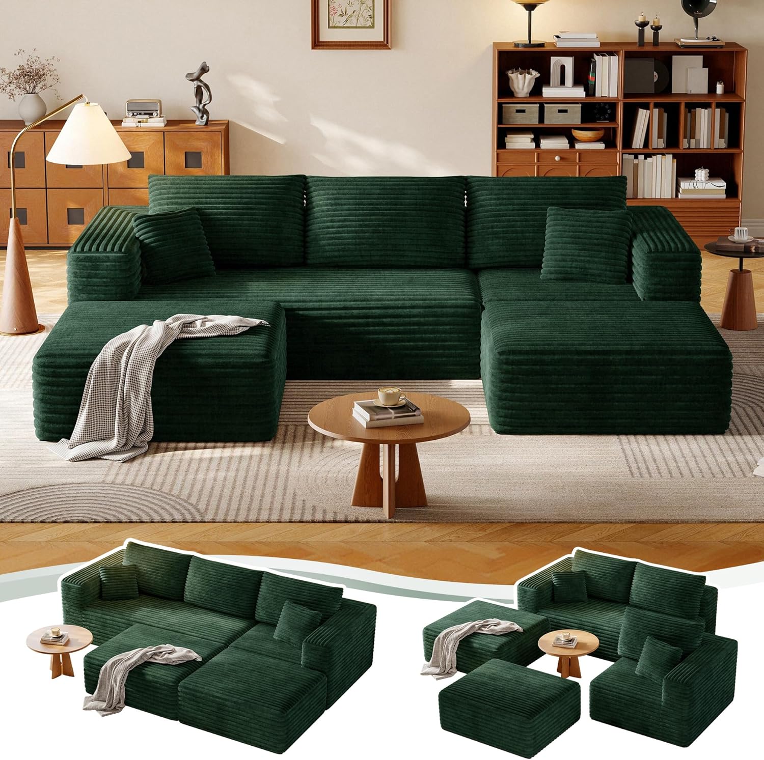 108.2 Modular Sectional Sofa with Deep Seat, Boneless U Shaped Corduroy Couch Modern Comfort, Cloud Couch Oversized for Living Room No Assembly (Green)