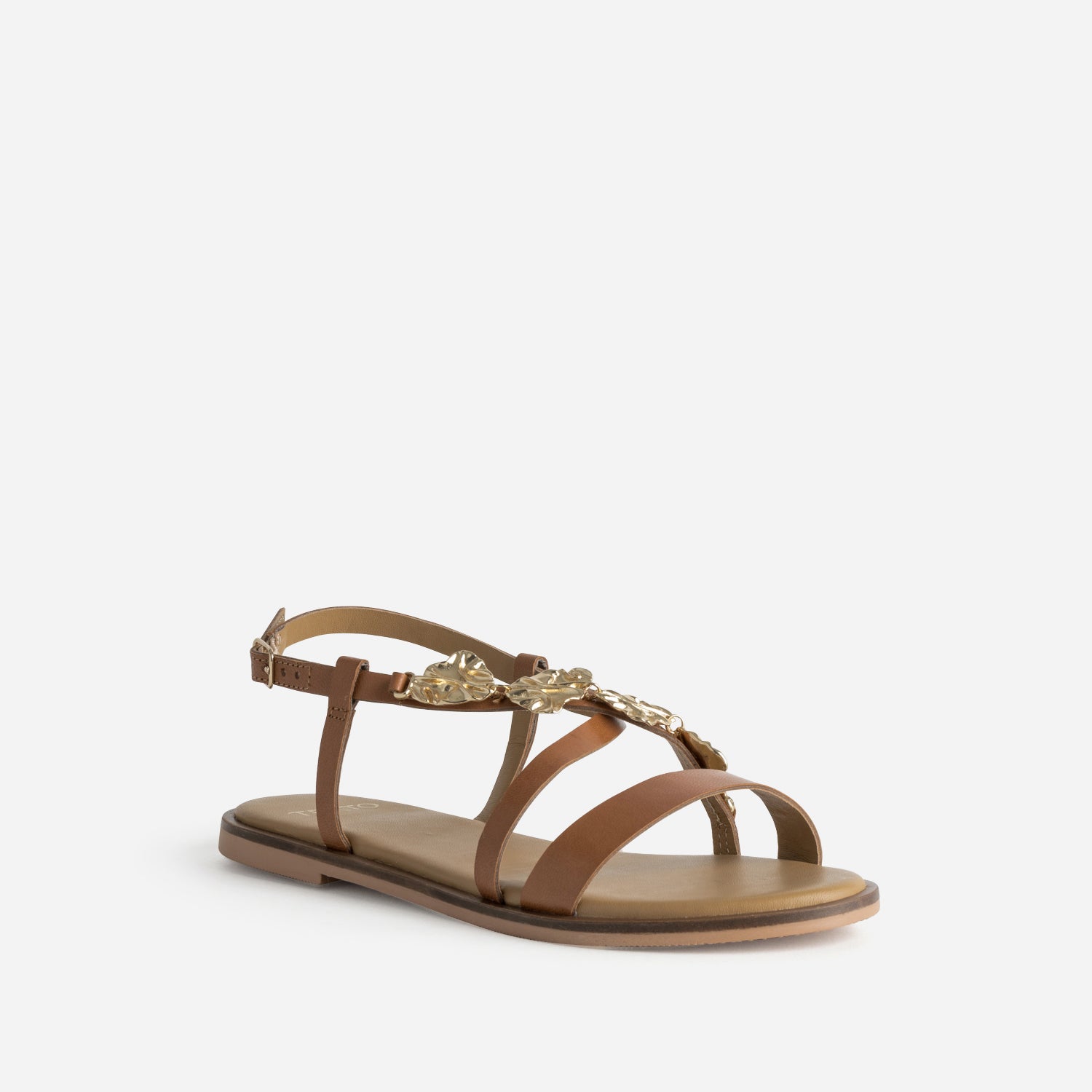Sandale TEXTO camel cuir décor feuilles