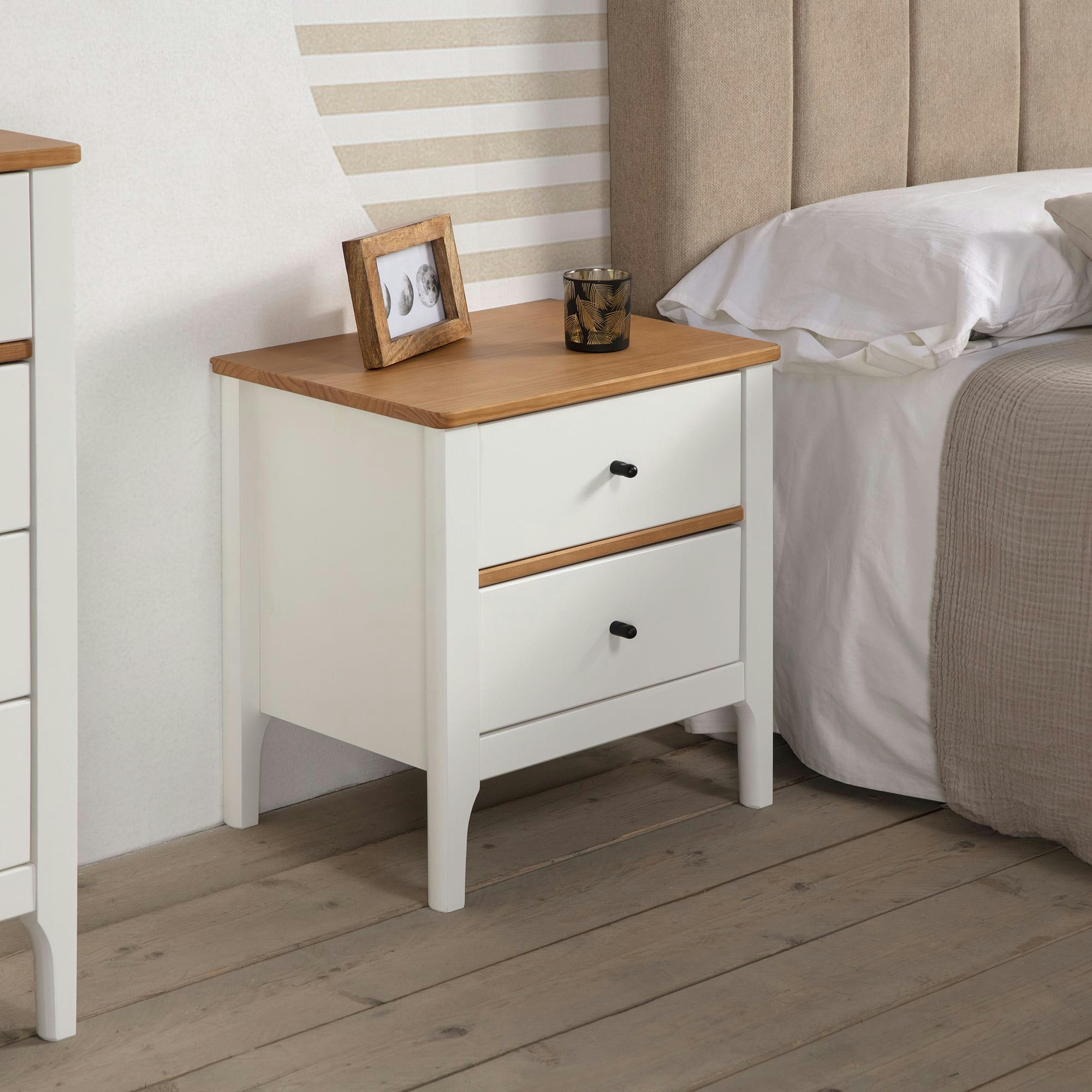 LUCA - Table de chevet 2 tiroirs couleur blanc, bois massif