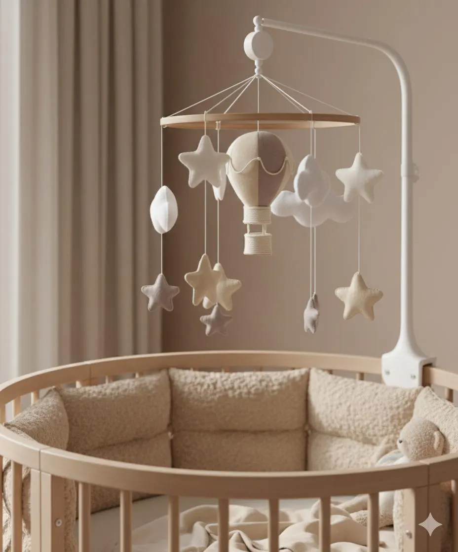 Baby Mobile Felt – Hot Air Balloon Hanging – Pastel Stars Clouds Decoration – Neutral Nursery Accessory – Handmade Crib Ornament