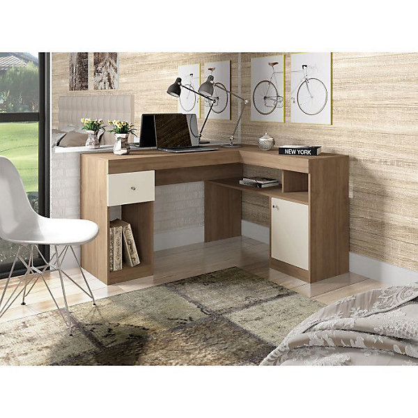 Bureau d'Angle Chêne et Blanc Caisson et Rangement L 137.2 H 75.5 P 111.6 cm - L 137.2 x l 111.6 x H 75.5 cm