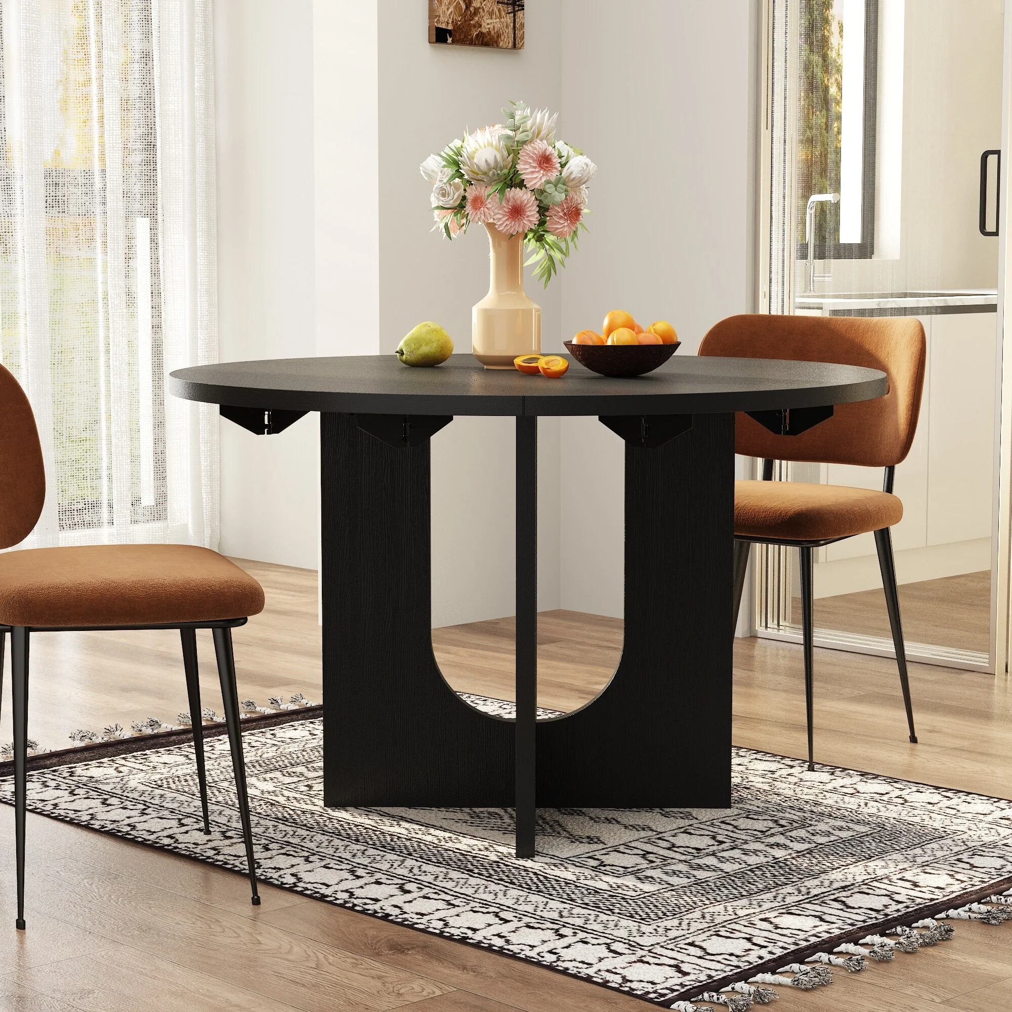 Folding Wood Grain Dining Table with Expandable Round Top Modern Sculptural Base