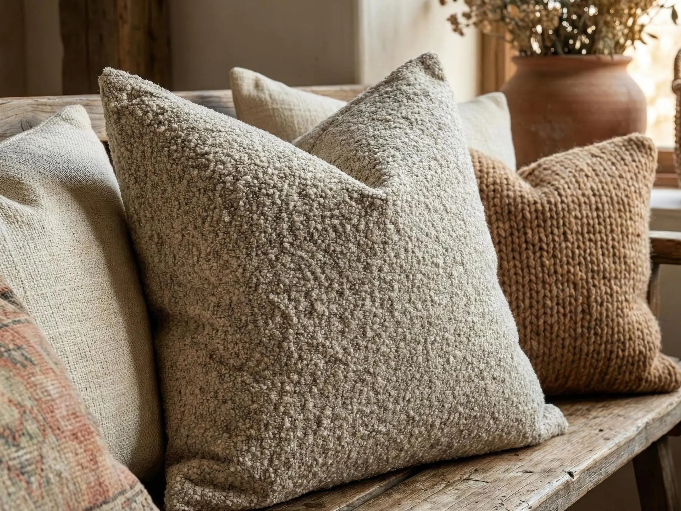 Cream Boucle Neutral Textured Throw Pillow, Modern Minimal Sofa Cushion, Scandinavian Home Decor Accent