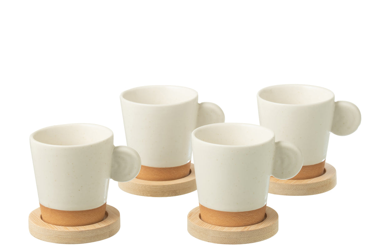 J-Line koffietas Met Oor   Bamboubasis - keramiek - wit/naturel - doos van 4