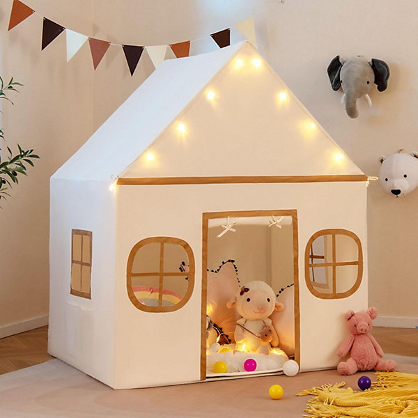 Cabane Enfant Interieure,10 étoiles Lumineuses et Tapis, Porte Enroulable, Fenêtres, Poches de Rangement,pour 3  Ans (Marron)