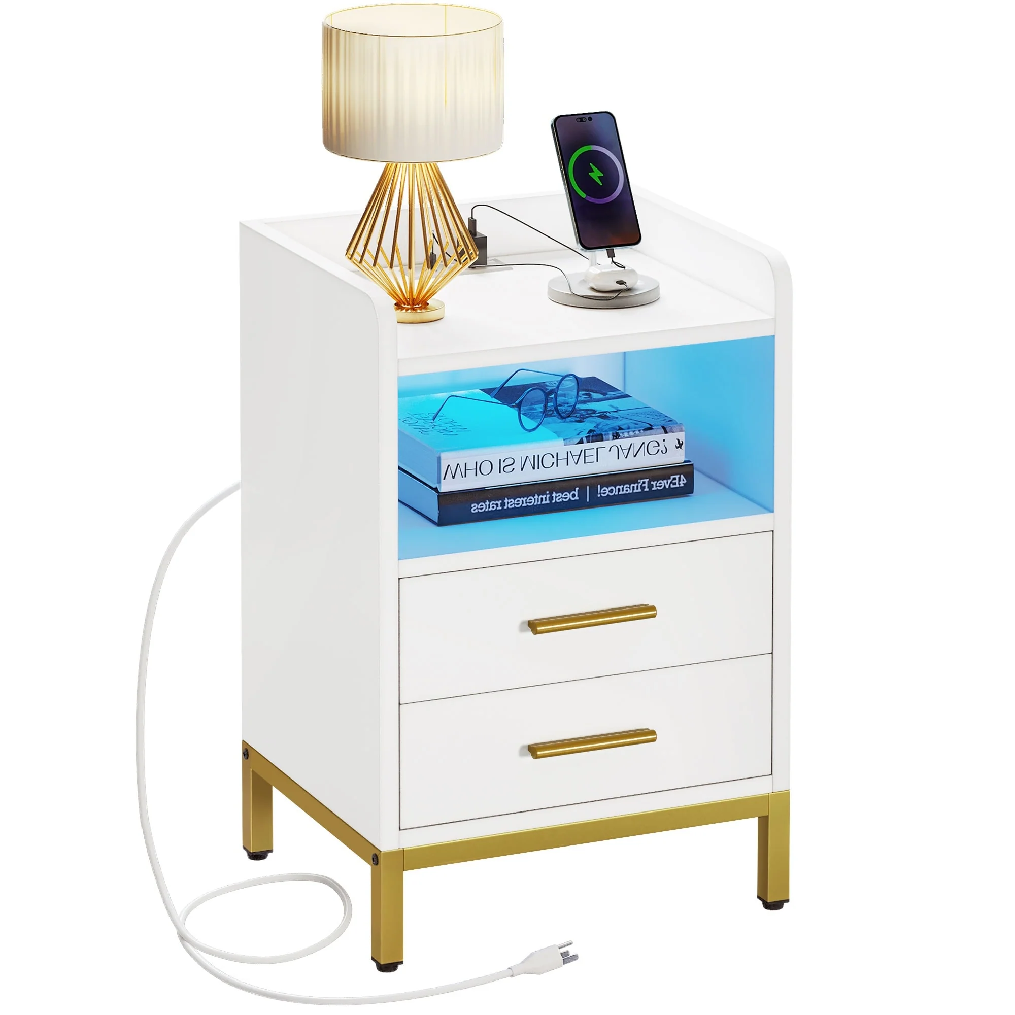 2-Drawer Nightstand Beside End Table with USB Port and LED Lights