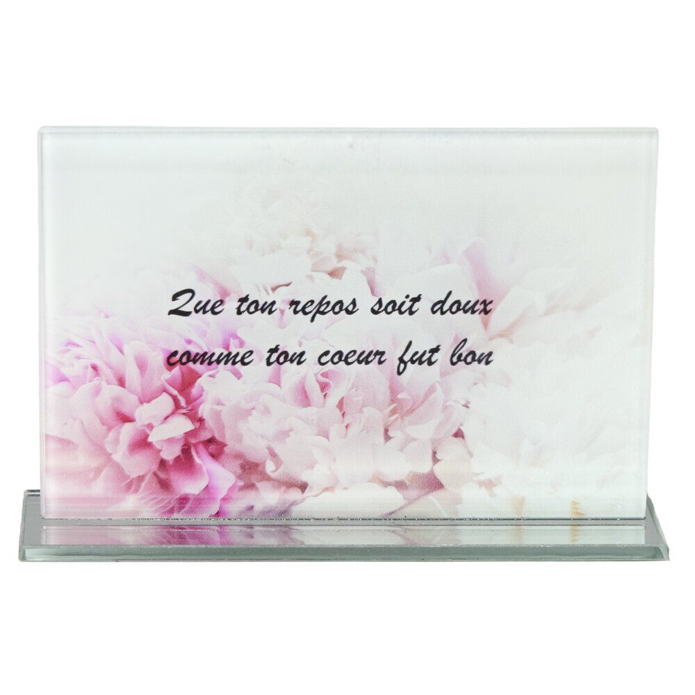Plaque funéraire inscription rectangulaire en verre rose et blanc 16x3,5xH10,5cm