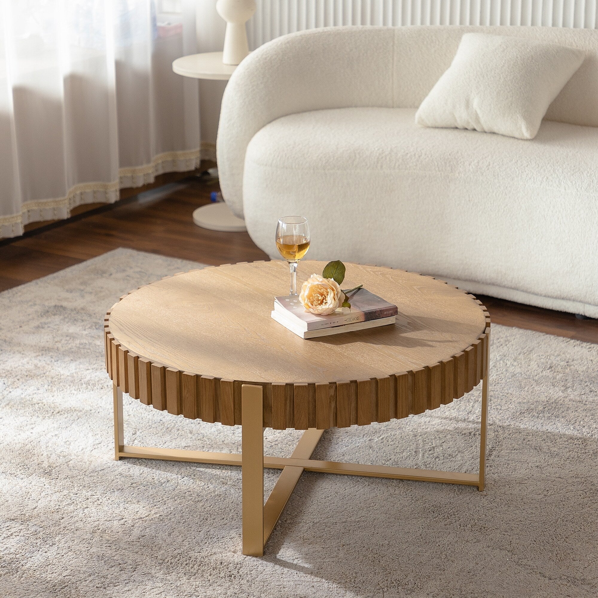 Round Two-Ply Coffee Table Handcrafted Relief Sturdy Pedestal Wooden Olive-Shaped Tea Table
