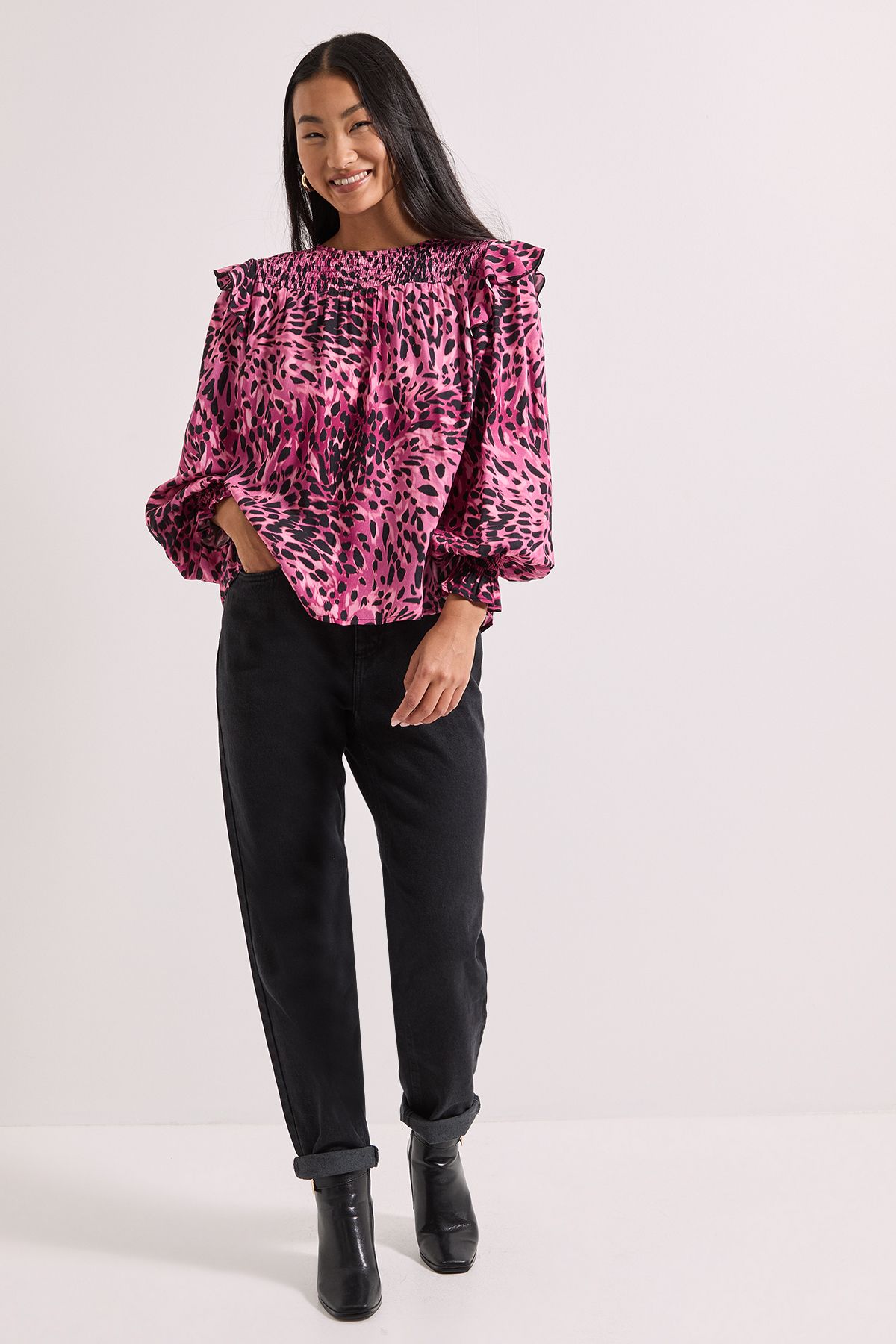 Dorothy Perkins Animal Print Petite Shirred Yoke Frill Detail Tip