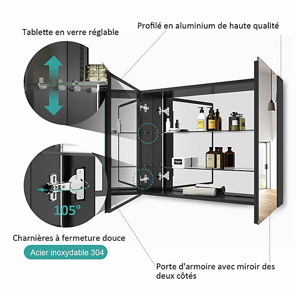 EMKE Armoire de toilette murale avec miroir double face - 85x65 cm- Noir mat - Fermeture douce - Tablettes en verre réglables