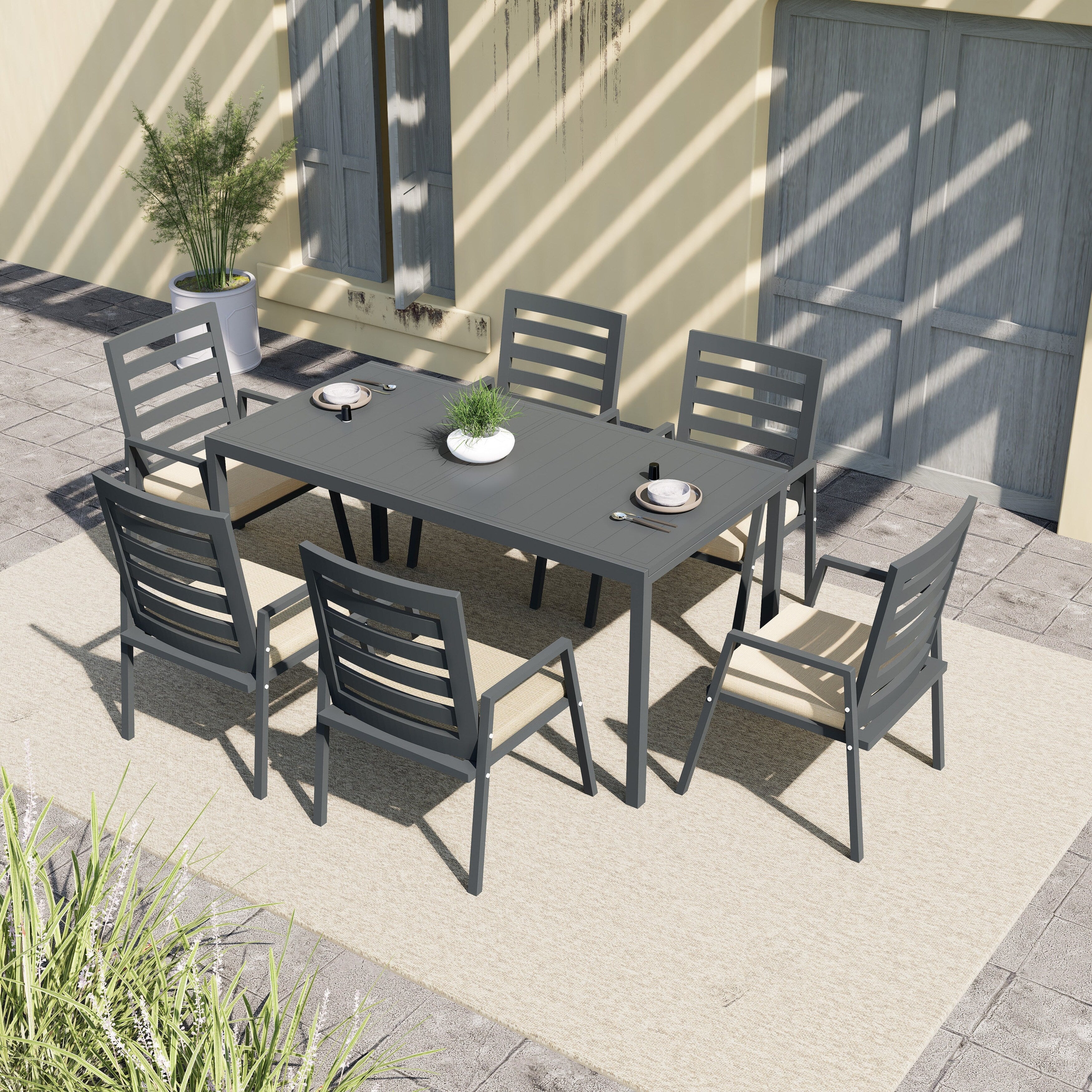 Rectangular Outdoor Patio Dining Table in Aluminum Extendable Leaf Tabletop for Porch & Backyard