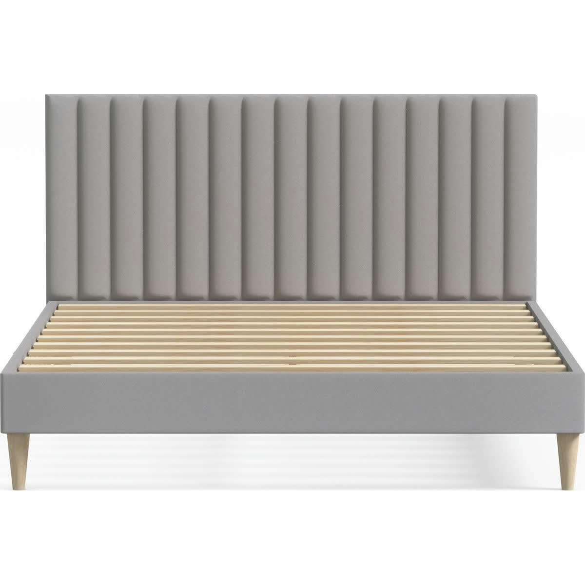 ELIOT - Lit adulte 160x200 en velours gris clair avec tête de lit matelassée