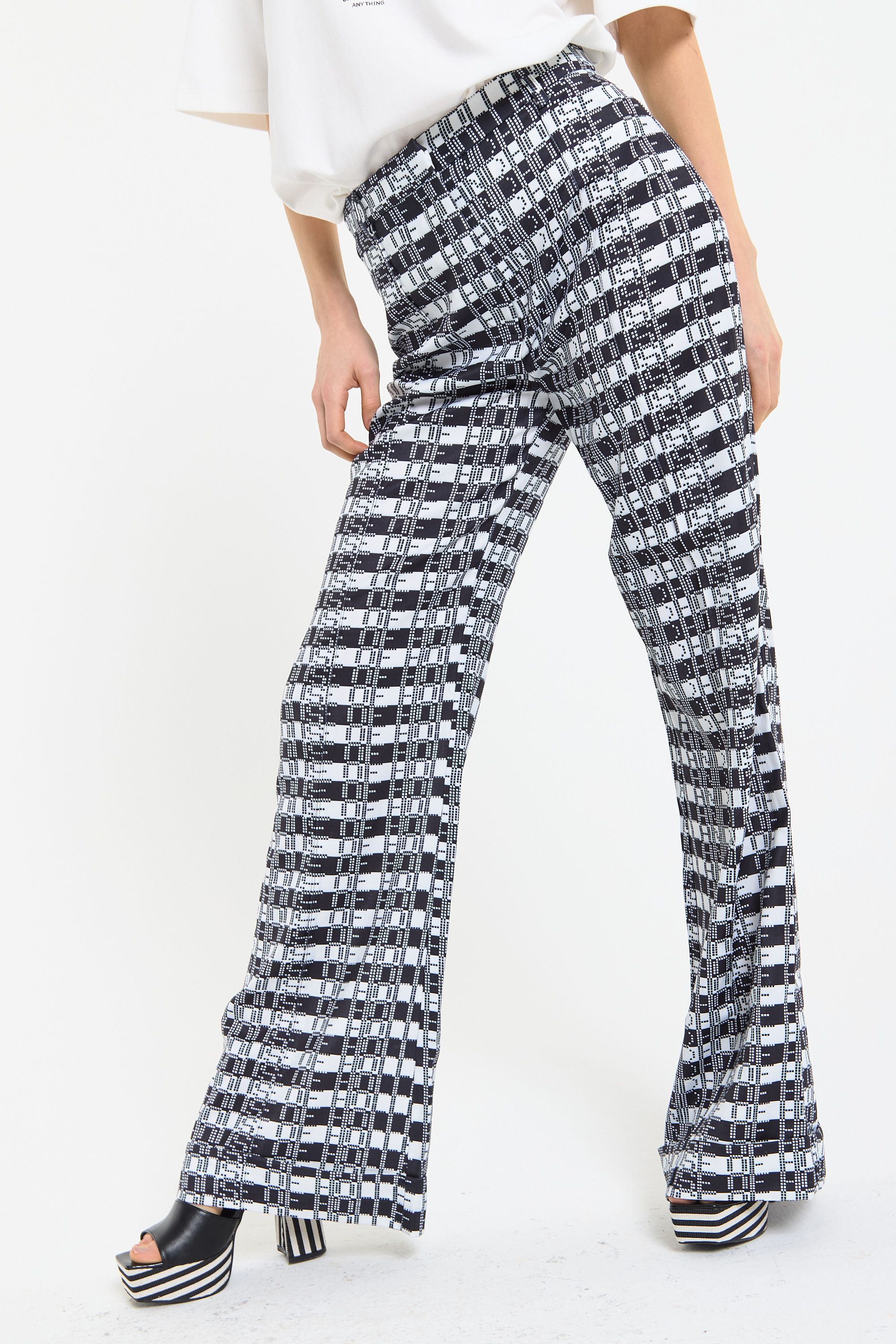House of Holland Monochrome Logo Printed Check Wide Leg Trousers