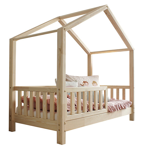 Lit cabane 90x200 barrière et sommier inclus pieds 10 cm Roxane Bois