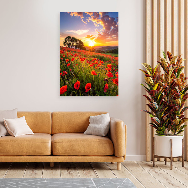 Obraz do salonu sypialni biura, Pole maki kwiaty zachód słońca 20x30