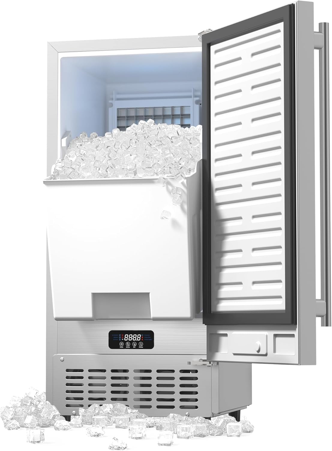 Coolski 15” Under Counter Ice Maker Machine, 130 Lbs/Day with 30 LBS Storage Bin, Built-in Freestanding Stainless Steel Ice Maker with Auto-Cleaning, Smart LCD Panel, for Commercial & Home Outdoor Use