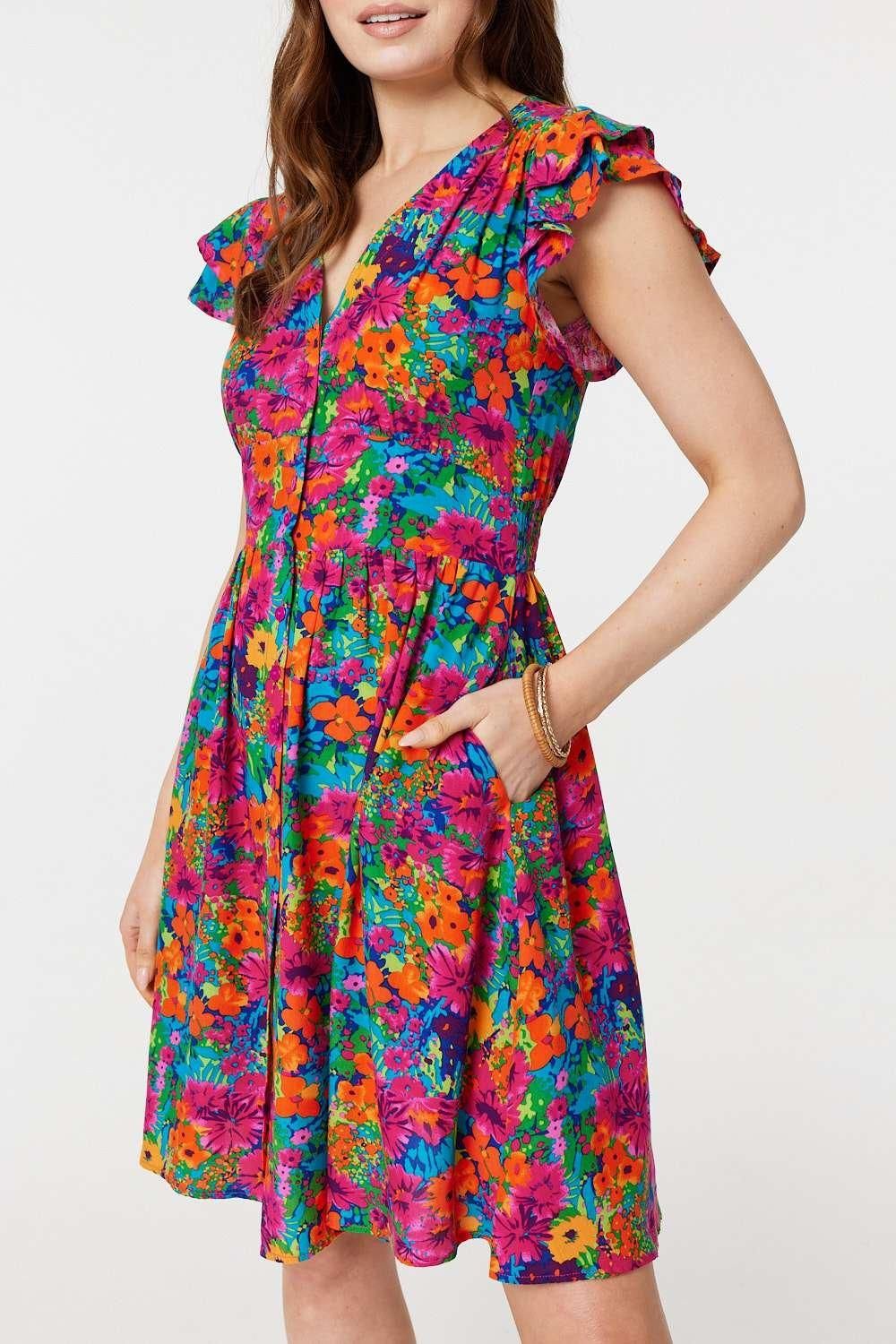 Izabel London Floral V-Neck Frilled Sleeve Short Dress