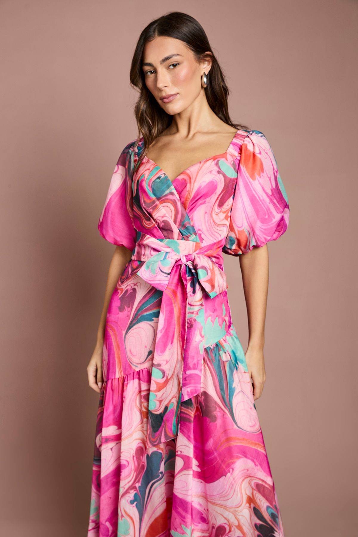 Coast Printed Puff Sleeve Wrap Belted Midi Dress