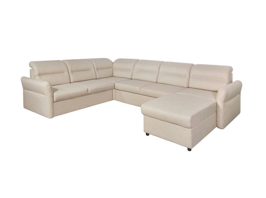 AMBRE - Canapé panoramique 5 places modulable convertible en tissu - Beige