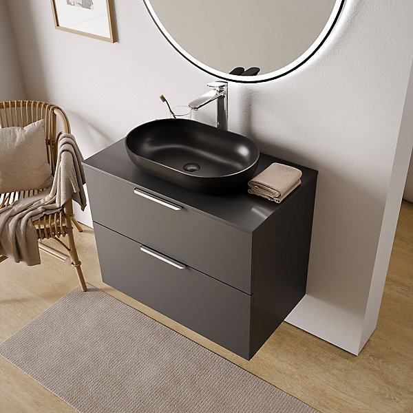 Meuble sous vasque suspendu MDF Anthracite mat 80x46x62cm, Plan lavabo Blanc mat   poignée Chrome - TIM80