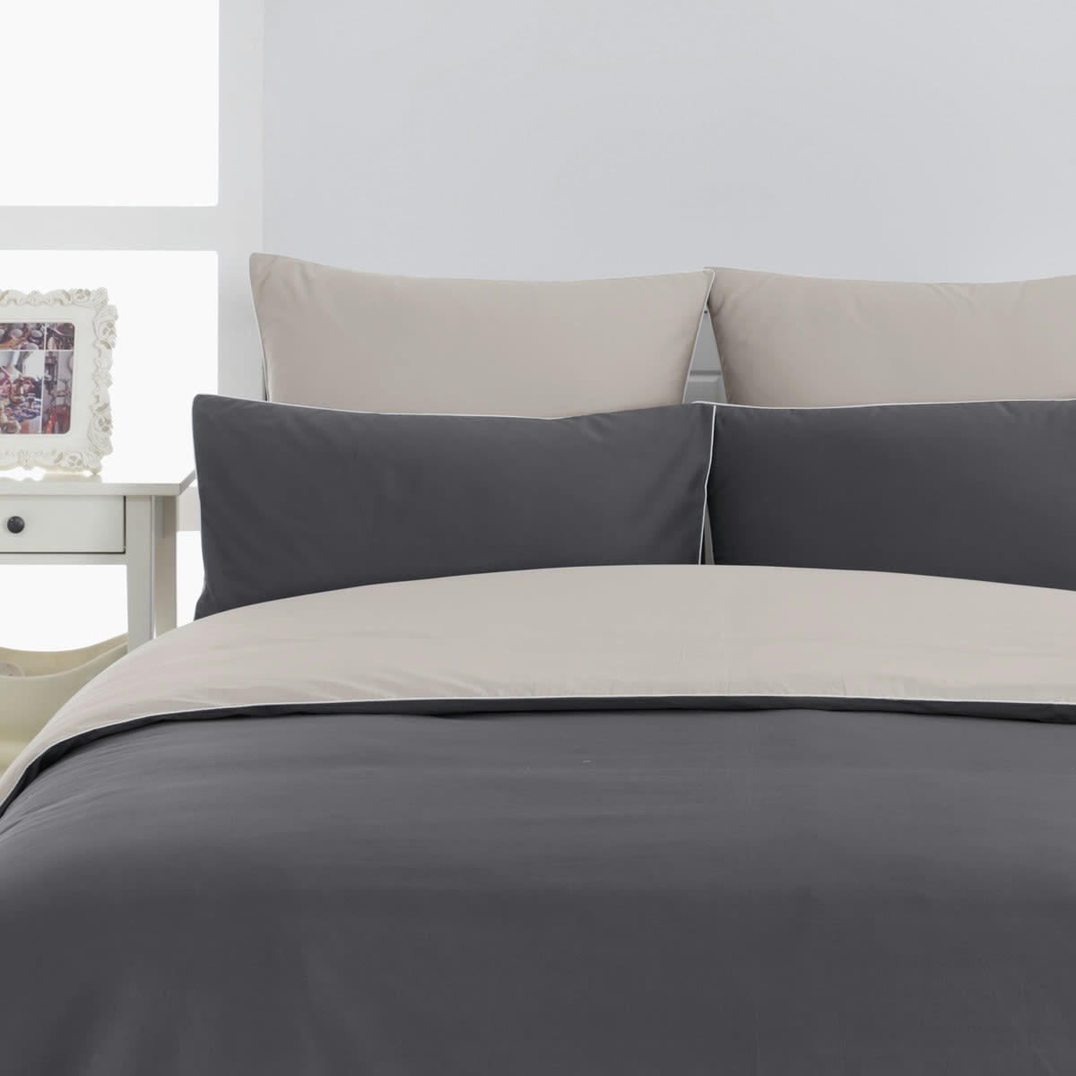 DOZMARY - Housse de couette bicolore en percale coton Anthracite/Gris 240x220 cm