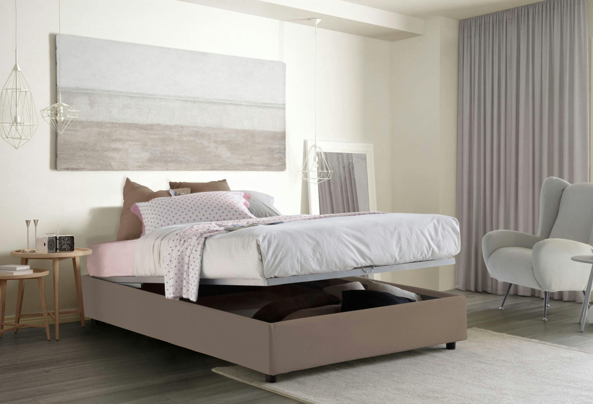 DDURANT - Lit coffre 140x200 cm en tissu gris taupe