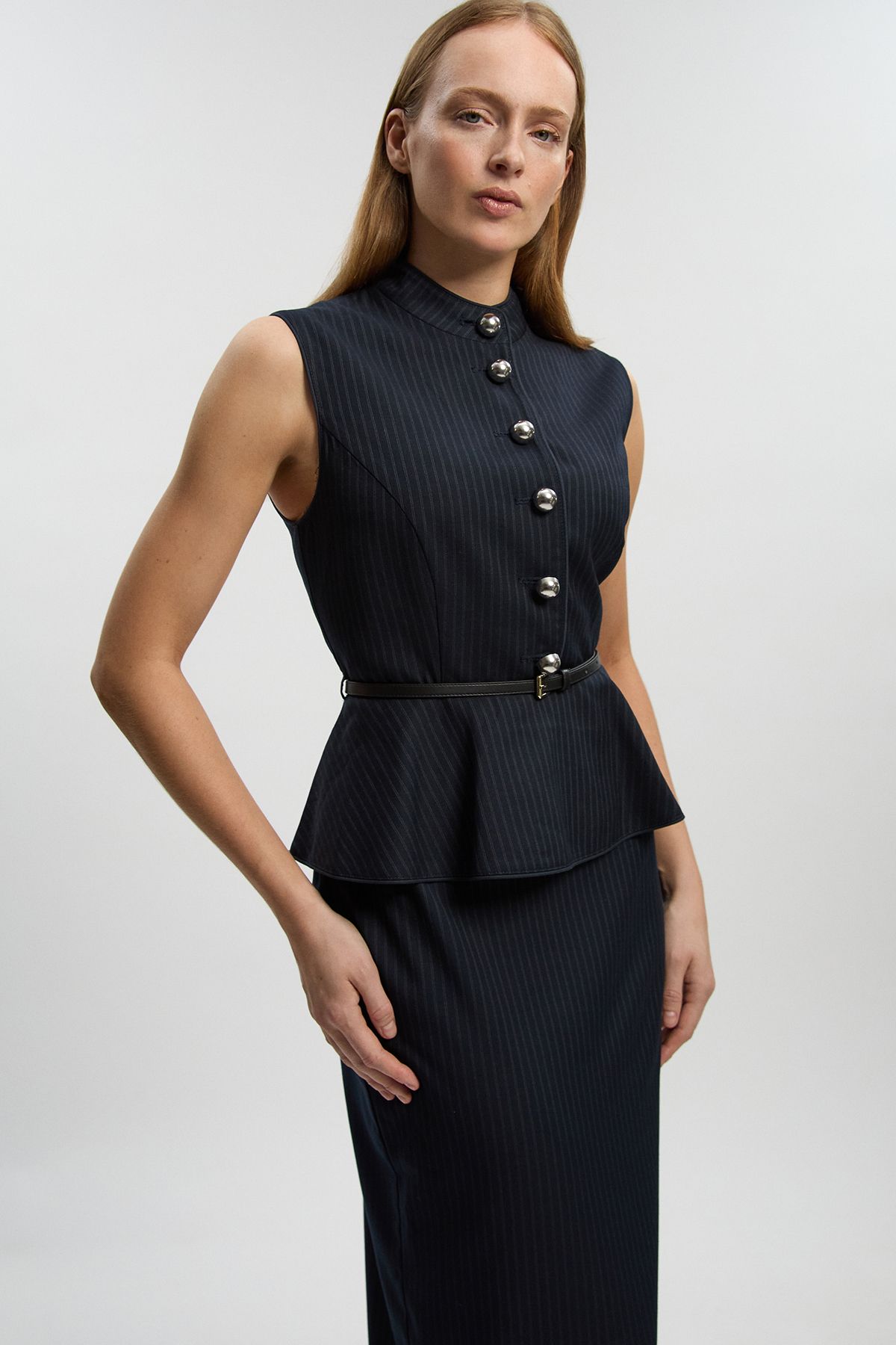 KarenMillen Petite Tailored Pinstripe Peplum Belted Midi Dress