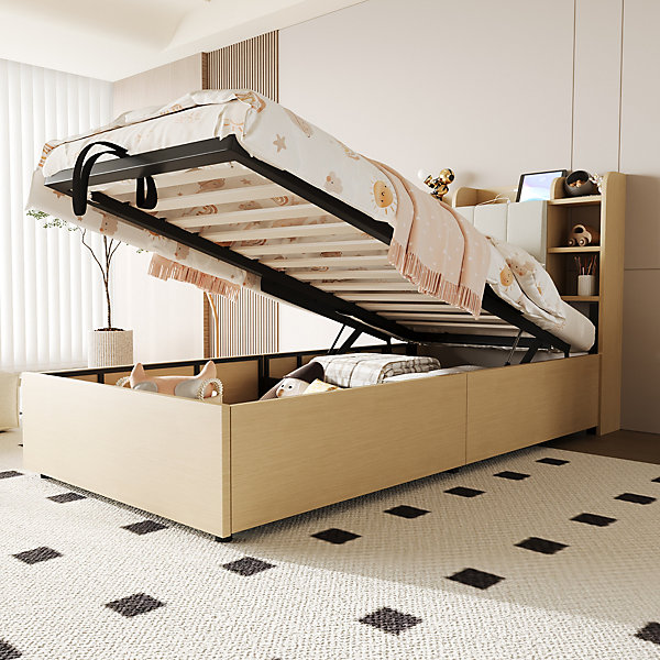 Lit Coffre Bois 90x200 cm avec Ports USB et Type-C, Tête de Lit Fonctionnelle et Rangement Intégré - Sans Matelas - Couleur Bois
