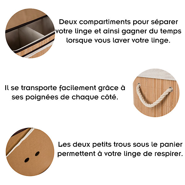 Panier à Linge Robuste En Bambou - 100 L - 2 Compartiments - Moderne Et élégant