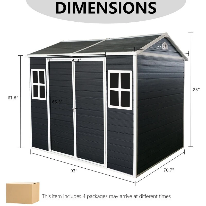 8x6 FT Outdoor Resin Storage Shed with Floor, Lockable Door & 2 Windows, Waterproof Plastic Shed for Tools, Bikes, Trash Cans