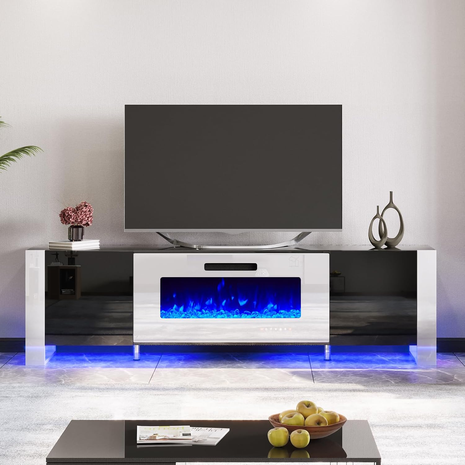 AMERLIFE Fireplace TV Stand with 40 Fireplace, 80 Modern Entertainment Center with High Gloss Doors & LED Lights, U-Shaped Legs TV Console Cabinet for TVs Up to 90, Black TV Stand White Fireplace