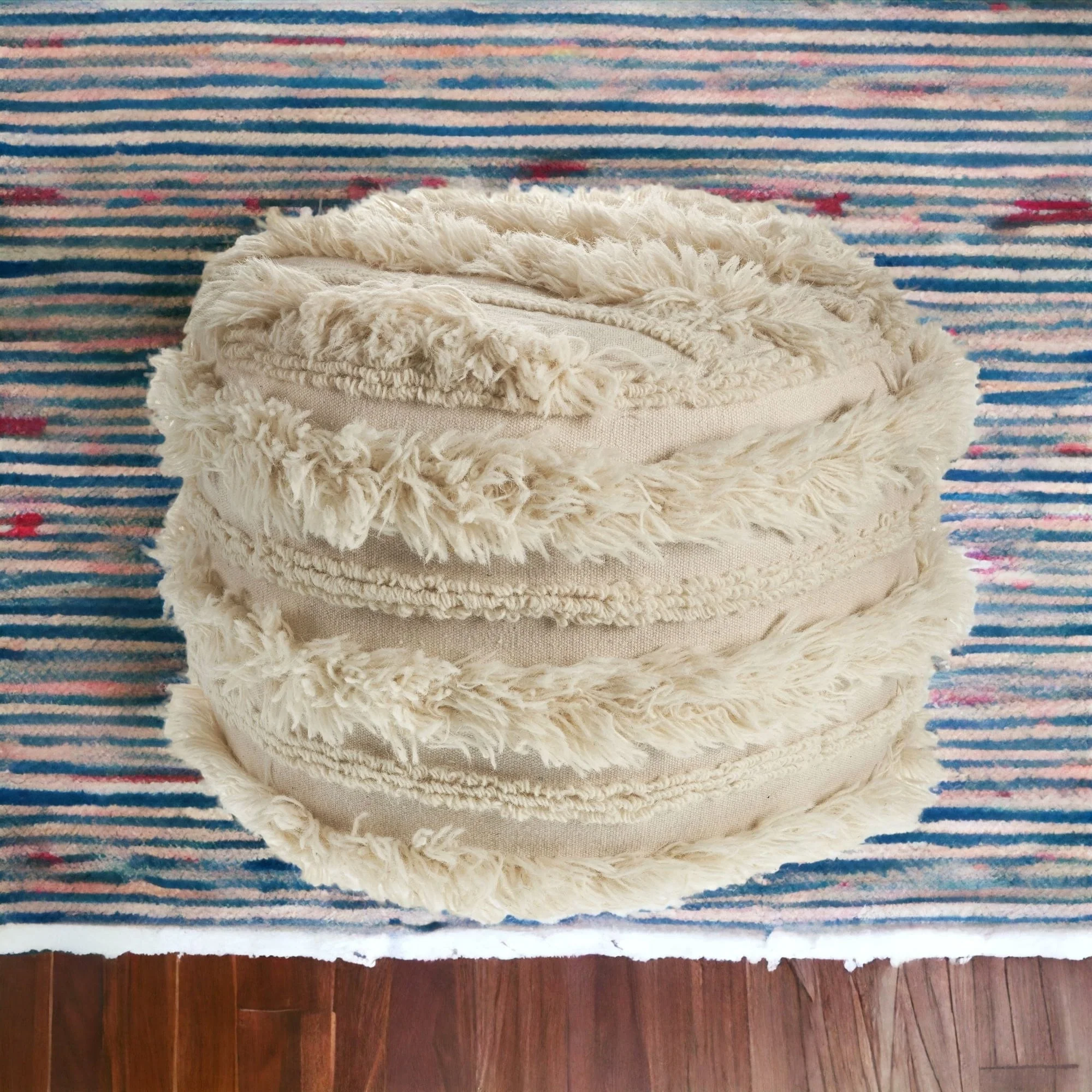 18 Inch Cotton Striped Pouf Ottoman for Living Room Seating and Footrest