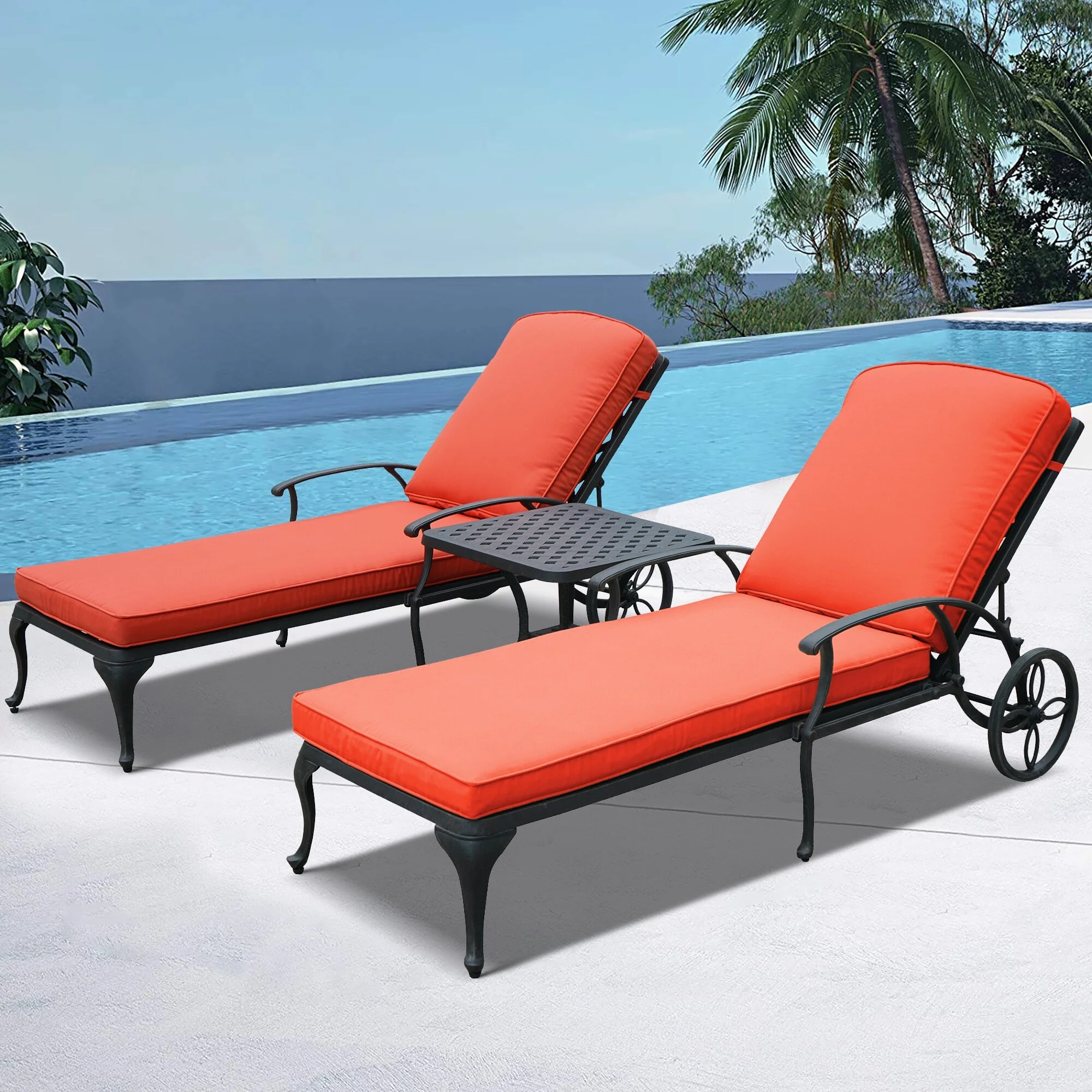 3-Piece Aluminum Reclining Outdoor Chaise Lounge with Table and Cushions