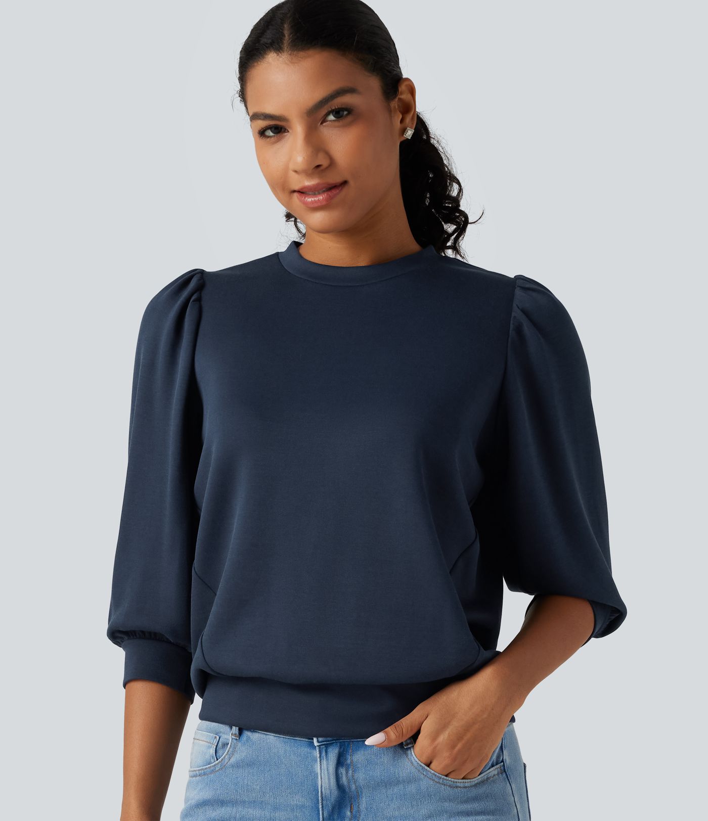 Sweat-shirt à encolure arrondie et manches 3/4 bouffantes