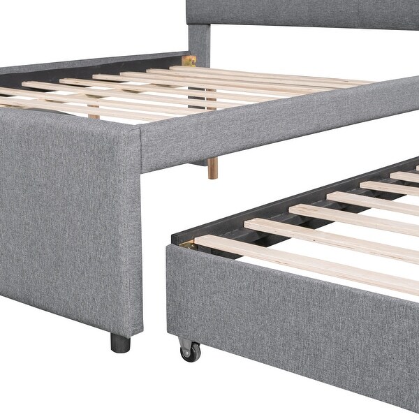 Full Upholstered Platform Bed with Pull-out Twin Trundle & 3 Drawers, Solid Wood Bedframe for Teens Adult, No Box Spring Needed