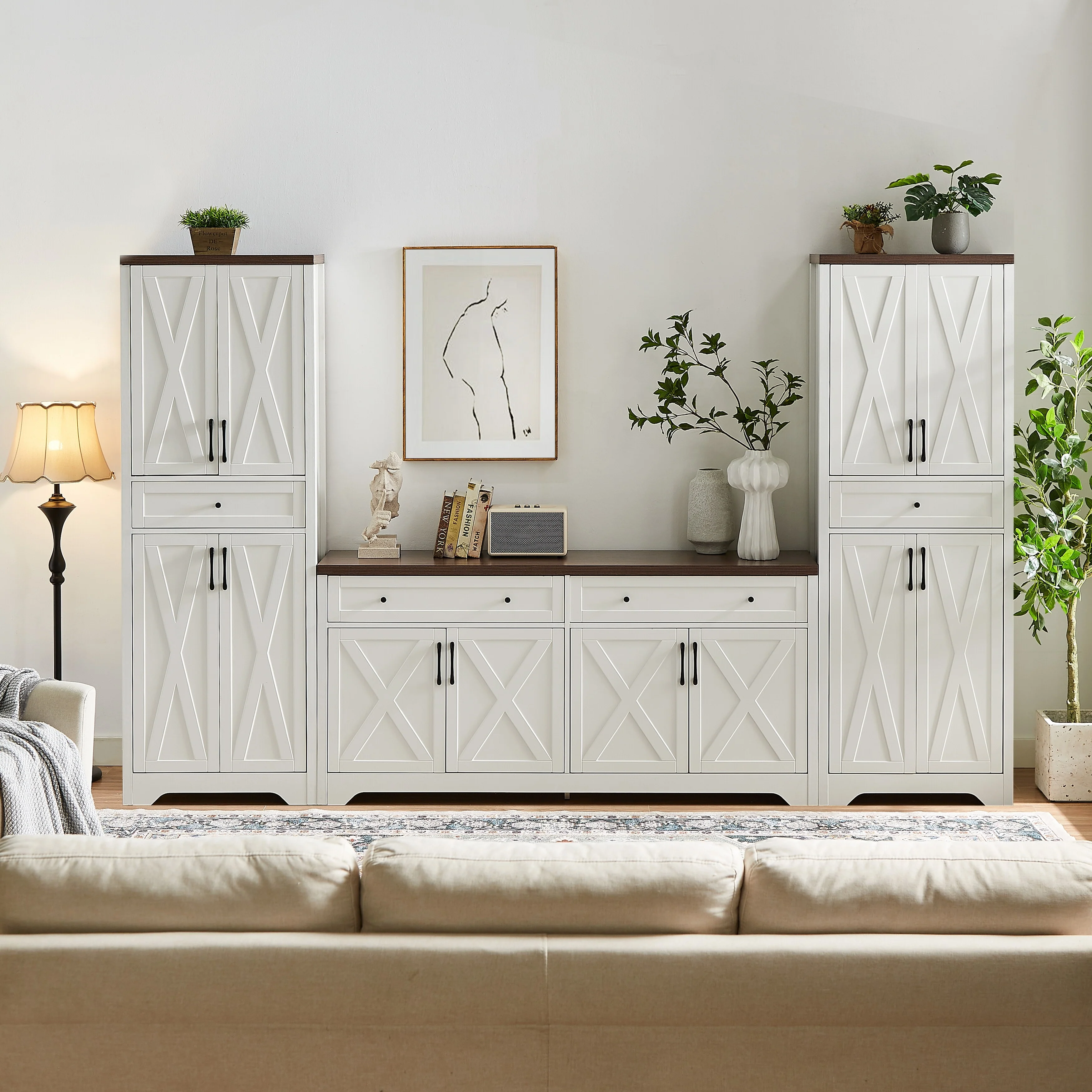 Luxe Living Room Set 66-inch TV Console with Two Side Cabinets and Overhead Bridge