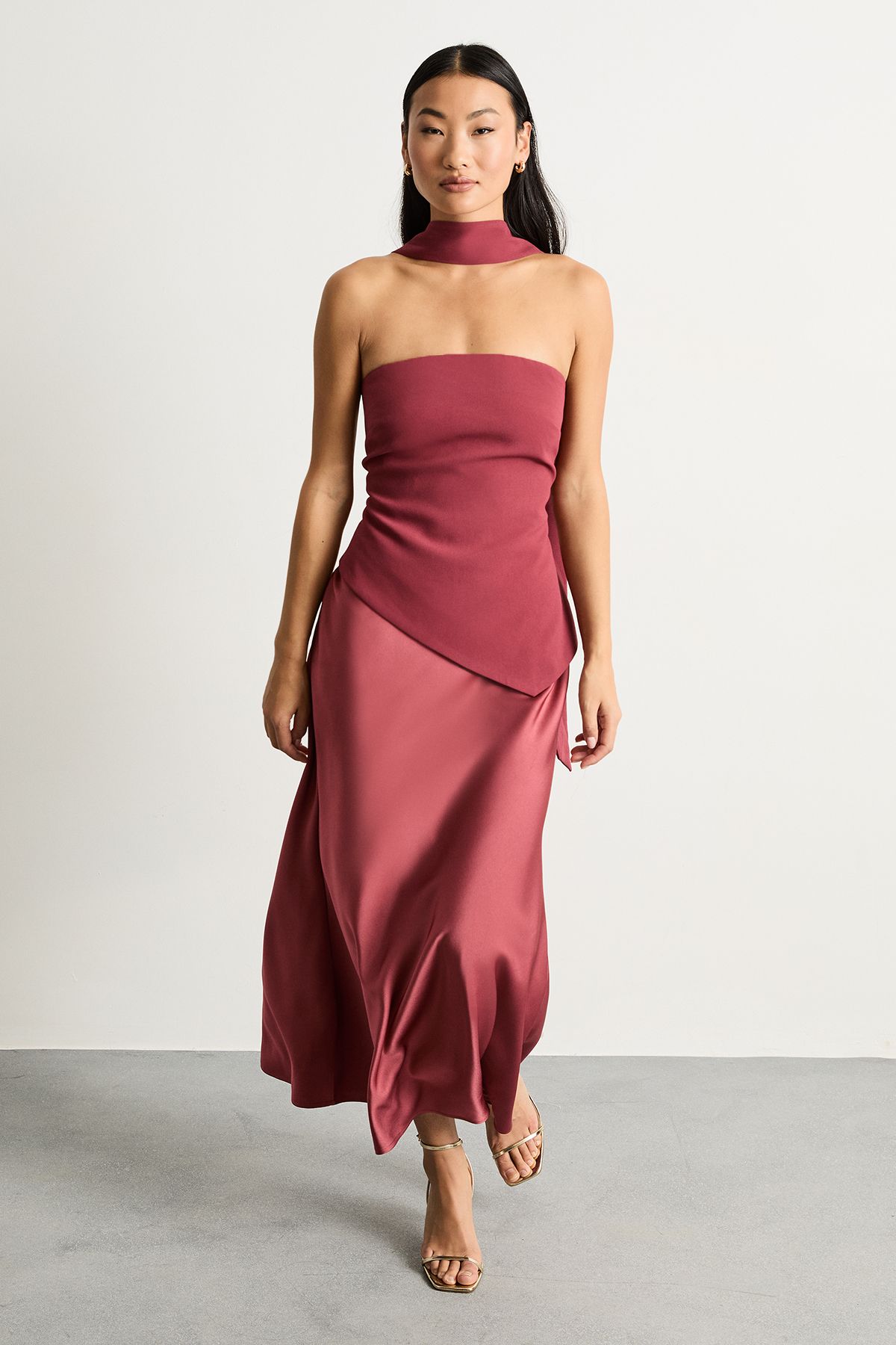 Warehouse Petite Strapless Structured Bodice Satin Midi Dress