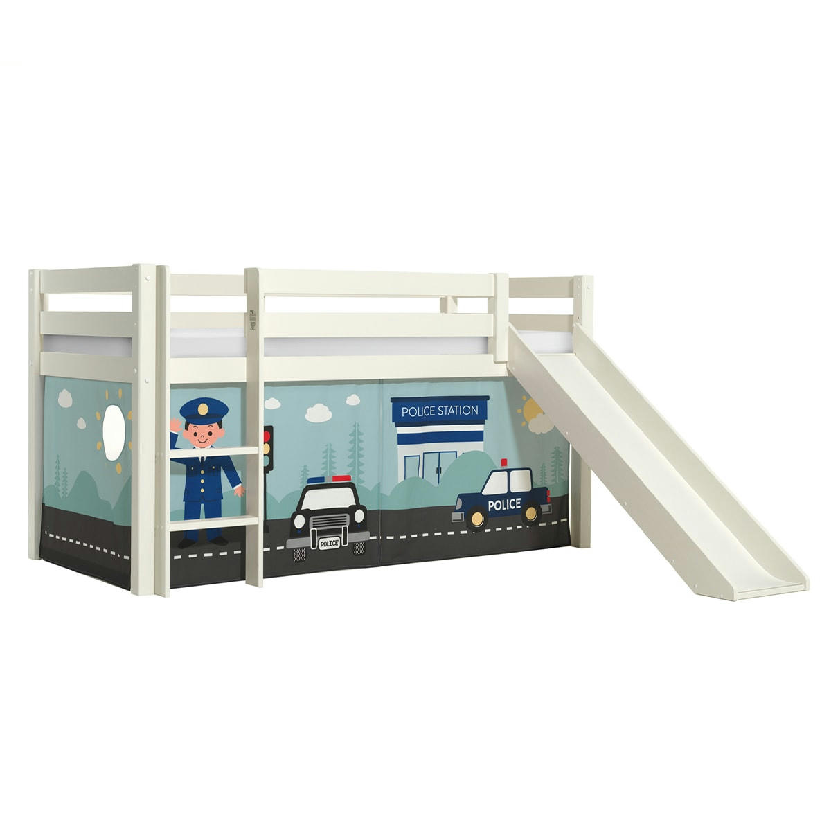 PINO - Lit mi-hauteur 90x200 toboggan sommier inclus housse police blanc