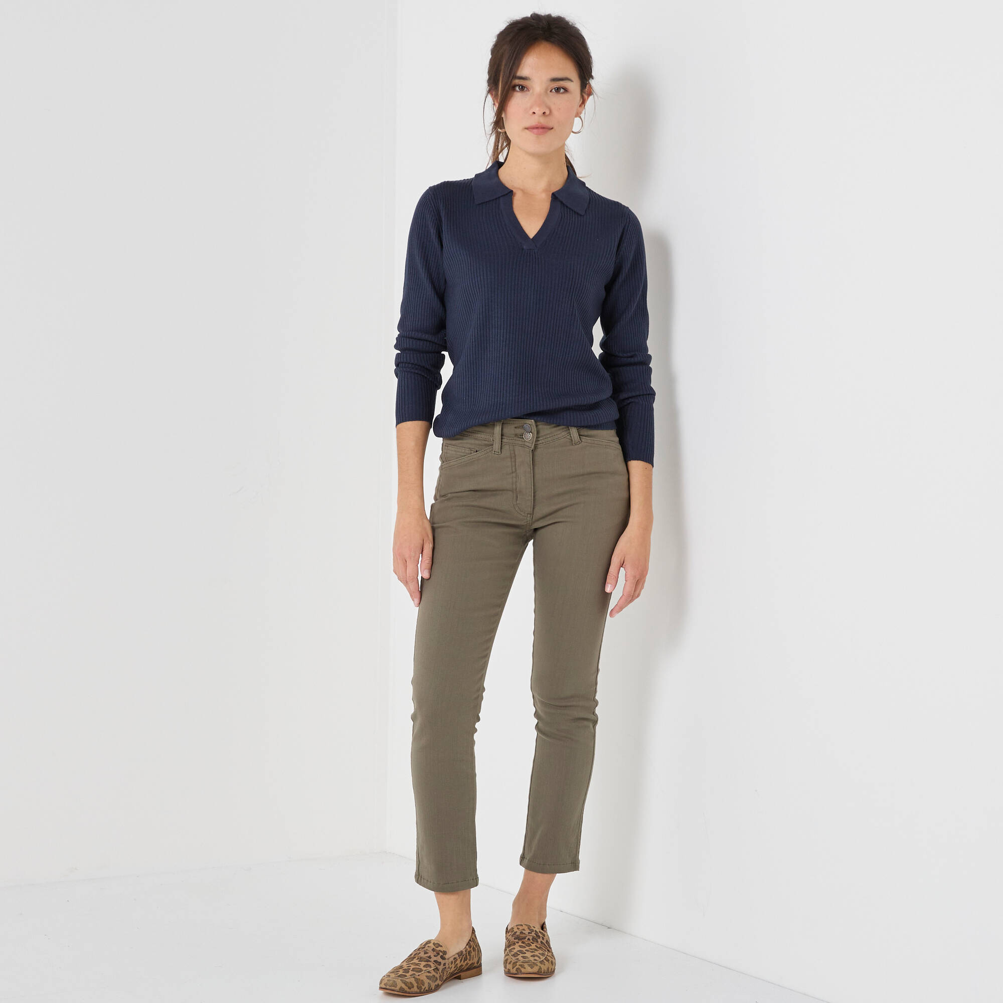 Pull col polo, maille c&ocirc;telée