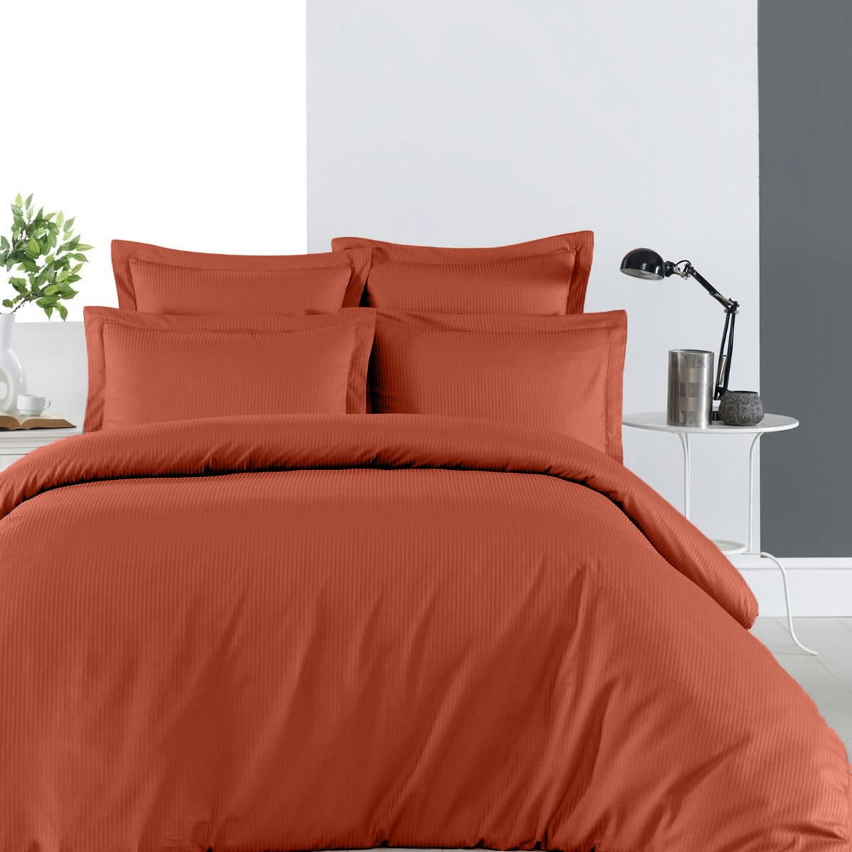 VERSAILLES - Housse de couette rayée réversible en satin Terracota 260x240 cm