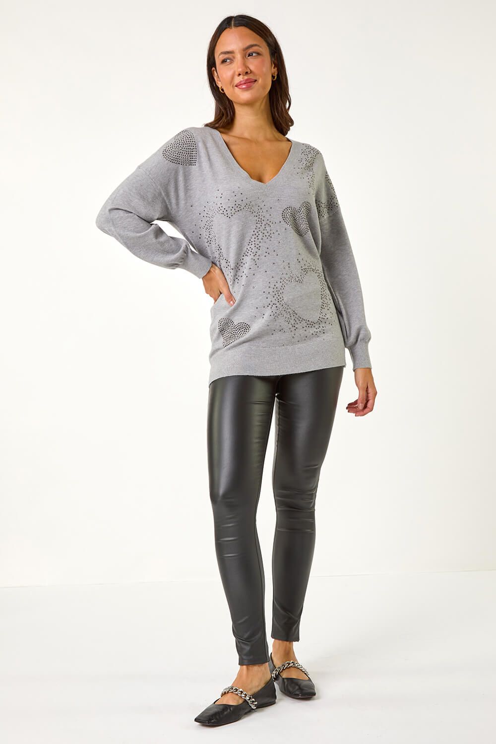 Roman V-Neck Heart Hotfix Detail Jumper