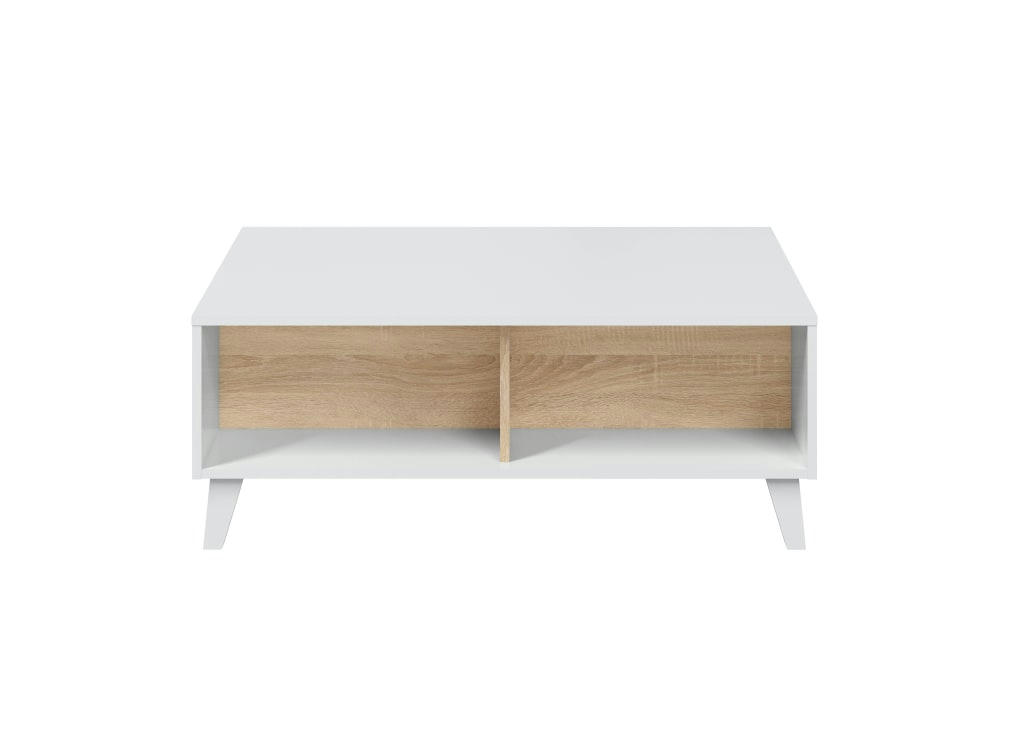 ABBY - Table basse avec panneau central relevable L100 x P68cm - Blanc / Bois