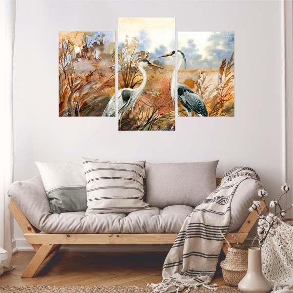 Obraz Tryptyk CZAPLA Żuraw Rośliny Malunek 60x40cm